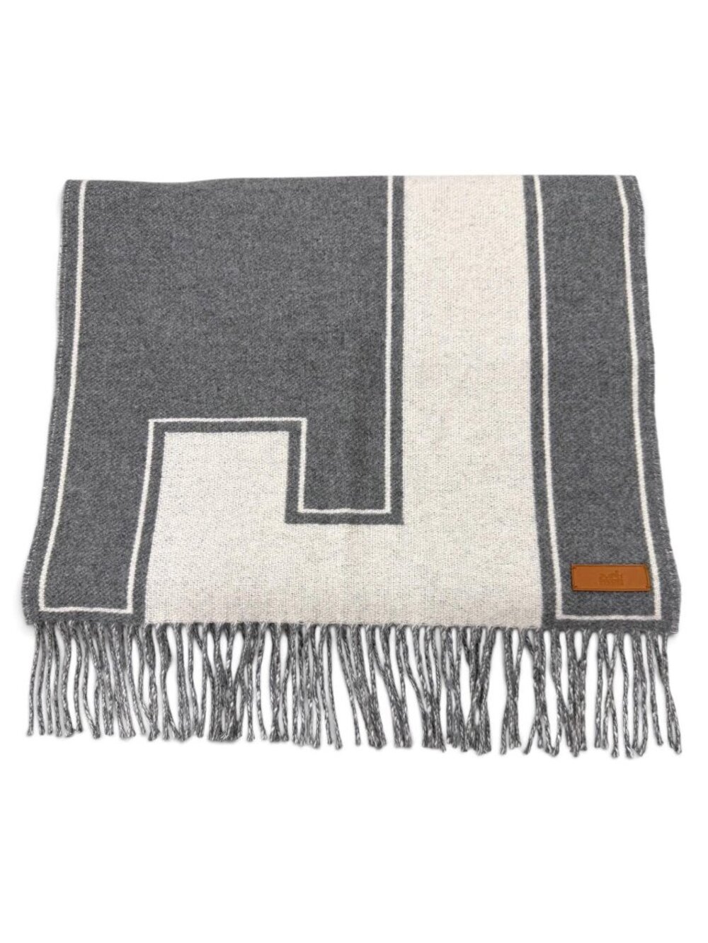 Hermes Cle de H Cashmere 100% Sheep Leather Patch with Fringe Scarf Gray